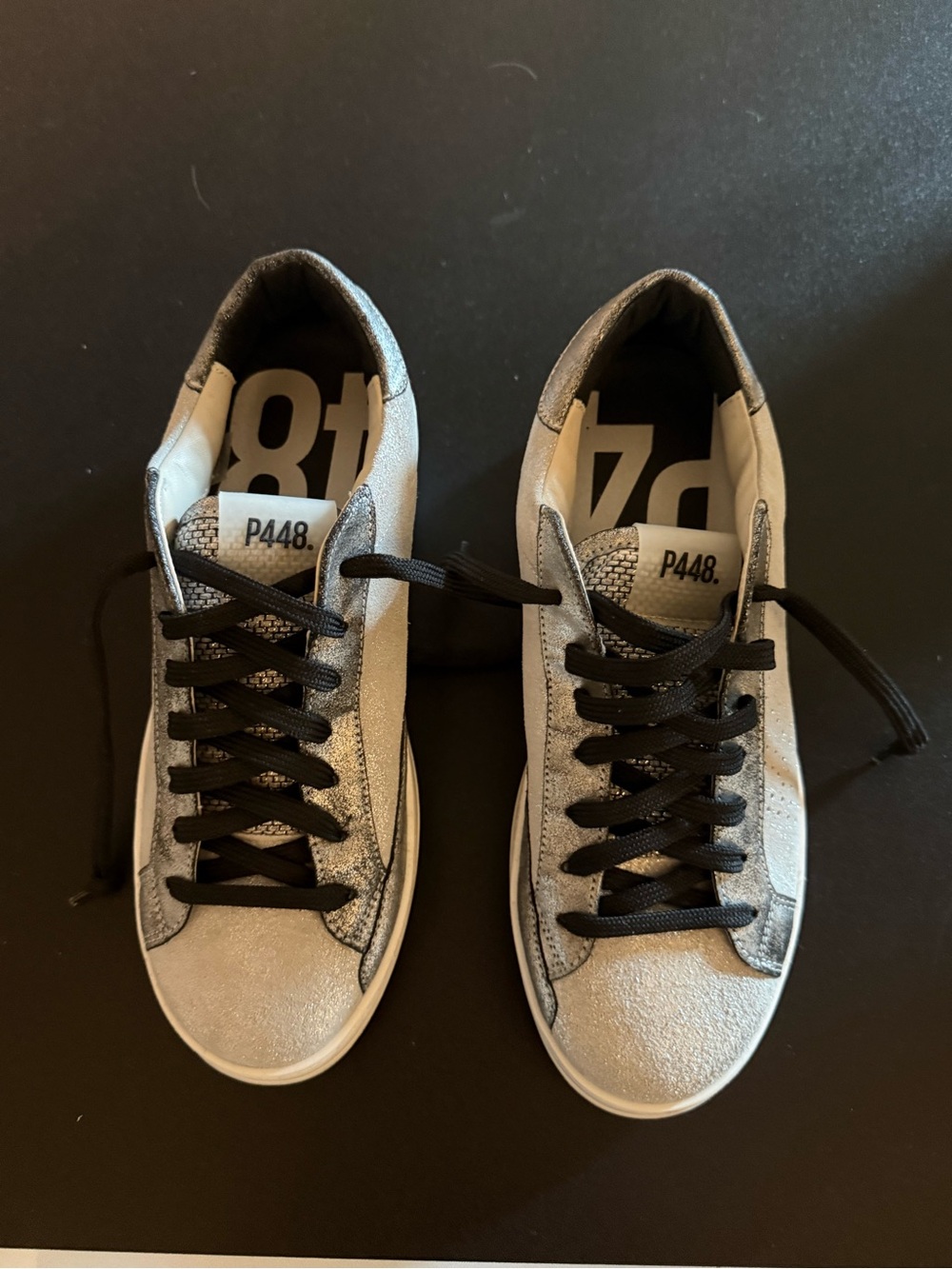P448 women’s Silver Metallic Low-Top Sneakers with Black Laces